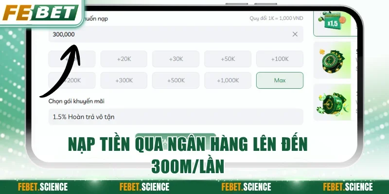 Nạp tiền qua ngân hàng lên đến 300M/lần